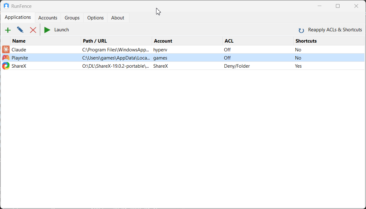 RunFence main window with application list